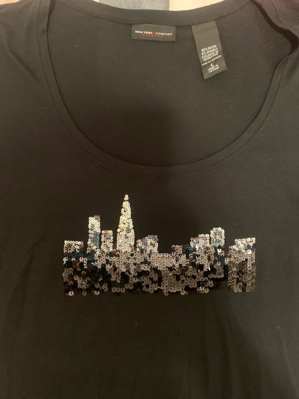 New York & Company Black Long Sleeve Scoop Neck Top with Sequin Skyline